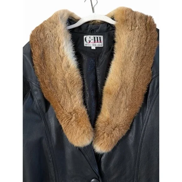 Vintage Black Leather Coat Real Fur Collar Cuffs Womens Made in Korea Sz L